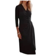 J. Jill Wearever Faux Wrap Dress Women XL Black Ruched  Midi V-Neck Career LBD