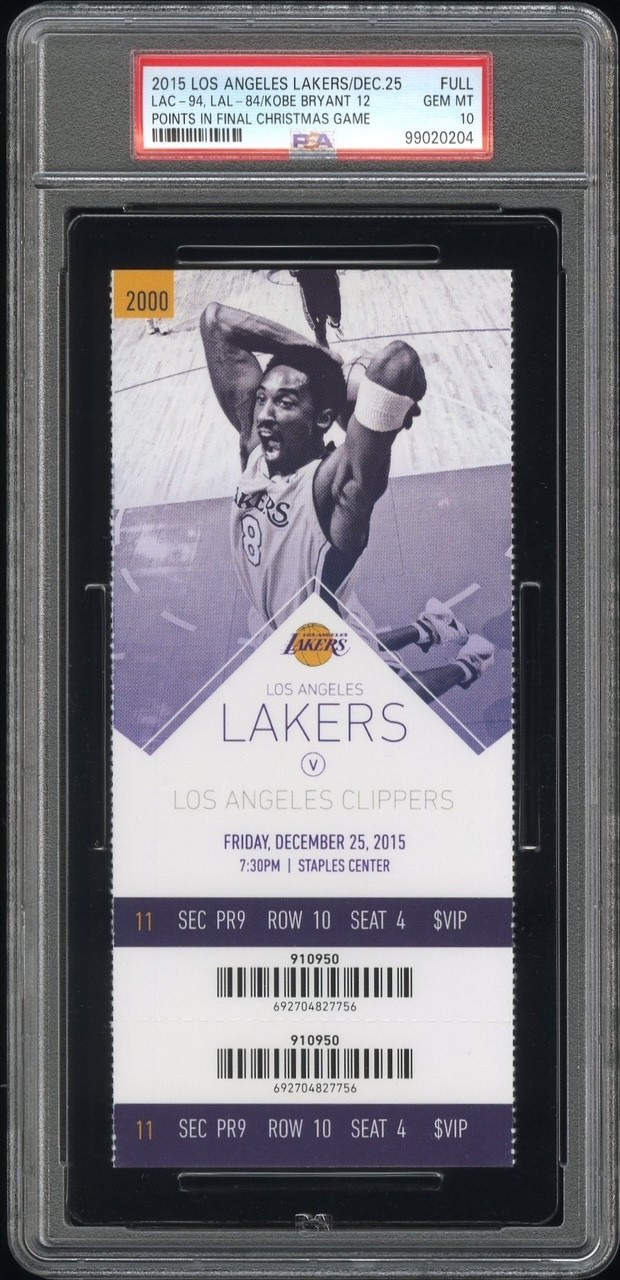 PSA 10 - KOBE BRYANT FINAL CHRISTMAS GAME LAKERS NBA 2015-2016 FULL TICKET