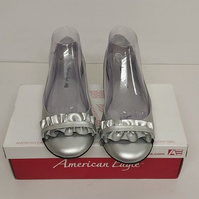 American Eagle Cora Ballet Flats Ruffled Sandal Womens 9 Silver Metallic Shoes