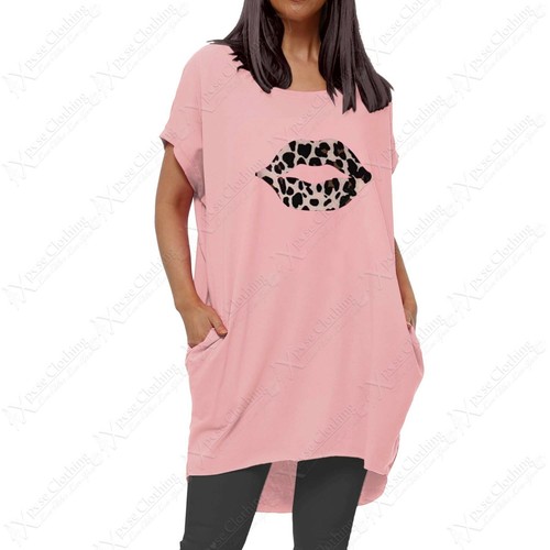 LADIES OVERSIZED LEOPARD LIPS PRINT SLOUCH FIT TOP WOMEN LOUNGE PLUS SIZE TSHIRT - Picture 4 of 17