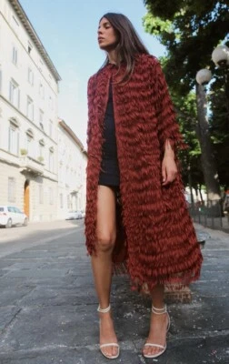 ZARA COAT WITH FRINGING ROUND NECK MAROON LONG NEW SS24 SIZES S REF. 3920/097 - Image 1 of 4