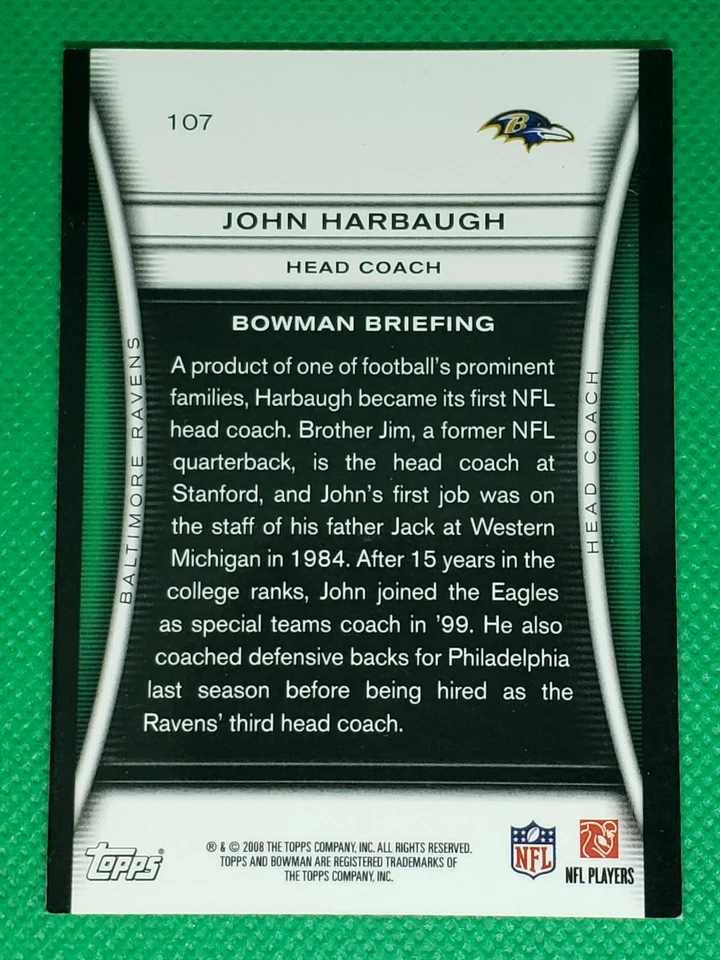 2008 Bowman GOLD #107 John Harbaugh ROOKIE Baltimore Ravens - Image 2 of 3