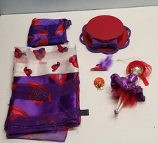 Women's RED HAT SOCIETY SEVEN Piece : 3 Scarfs, Doll Ornament, Pins, Wood Box