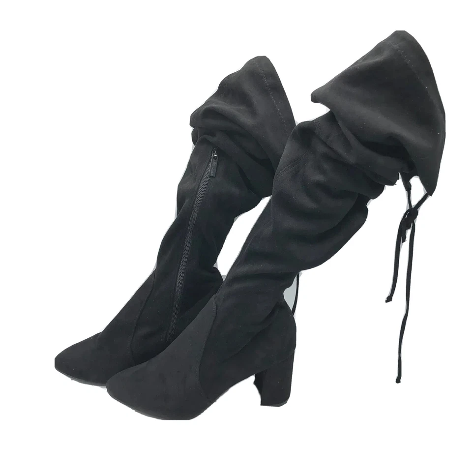 Breckelles Boots Knee High Faux Suede Slouchy Block Heel Pointed Toe Black 6.5 - Image 3 of 4