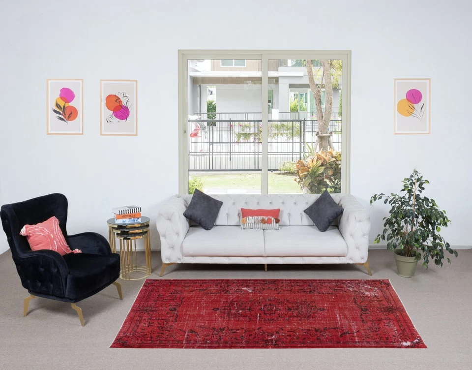 Alfombra contemporánea de lana de 5x8 pies en rojo borgoña, anudada a mano en Turquía Foto 2 de 4