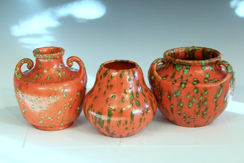Vase art déco goutte à goutte chromé atomique orange vert poterie Awaji vintage ancien japonais - Photo 8/12