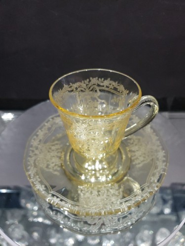 (1) Demitasse Cup & Saucer - Glass Fostoria Crystal Topaz yellow "June" etch 279 - Picture 3 of 15
