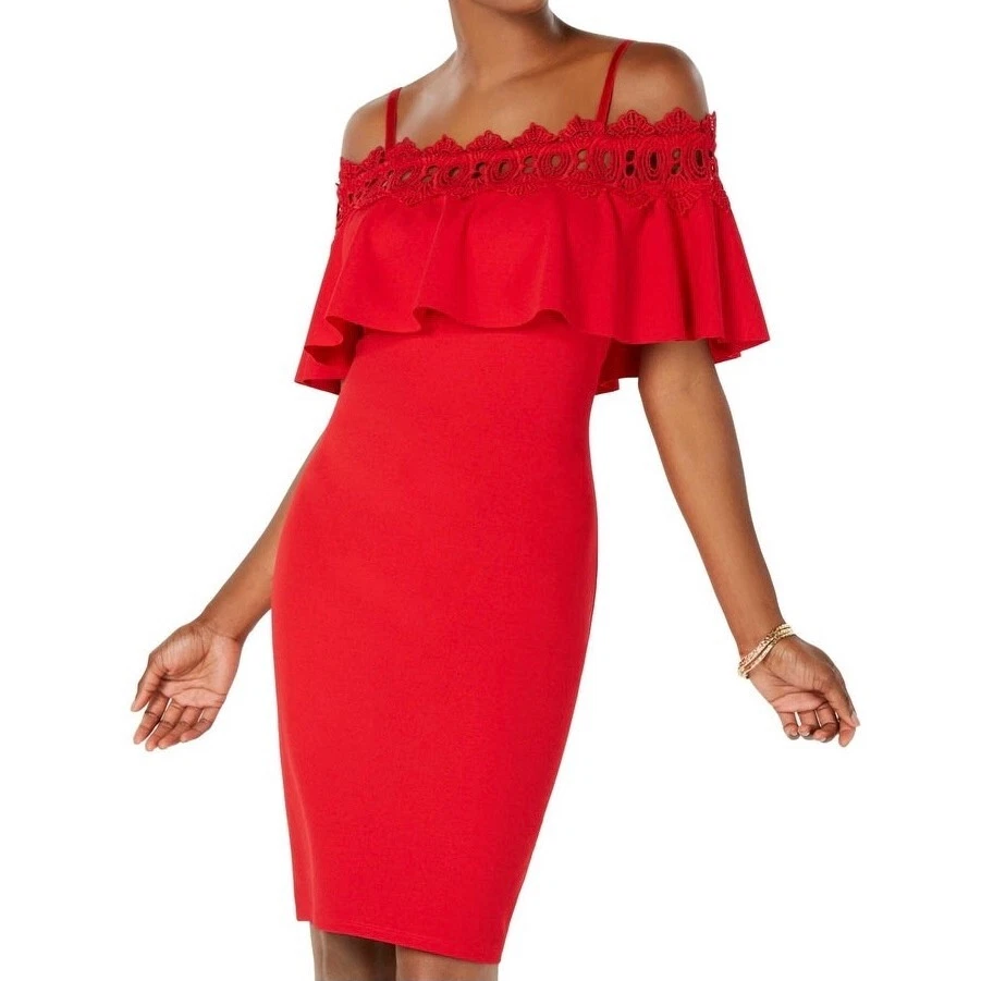 VALENTINO Abito Bodycon Nuovo BCX Pizzo Increspato Spalla Scoperta Spaghetti Strap Rosso Junior Taglia 3