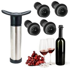 Image of Wine Saver Pump with 4 Vacuum Bottle Stoppers Stainless Steel Convenient Use
