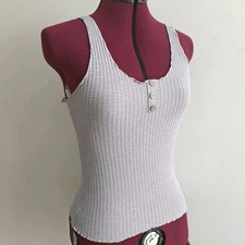 Shein Medium Beige Taupe Lettuce Ruffle Hem Rib-knit Waffle Tank Top Button