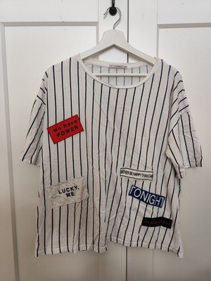 T-Shirt Gestreift Mit Patches Gr. L Pull&Bear 100% Baumwolle