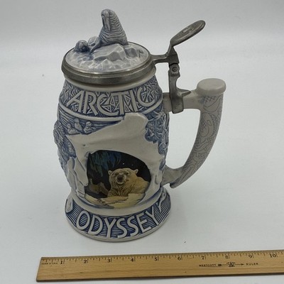 Avon Arctic Odyssey Stein w/ Lid Handcrafted in Brazil 2001 Blue White