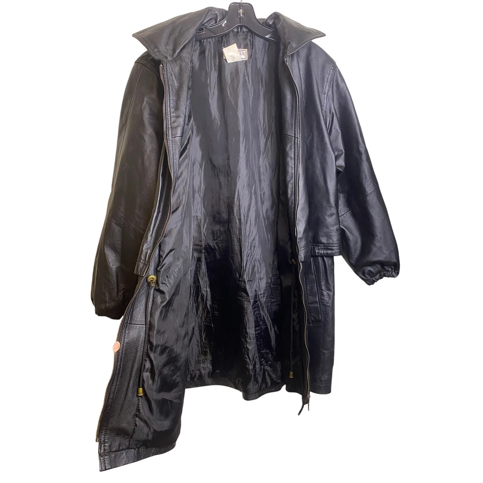 Vintage Venezia Vitale Leather Trench Coat Womens 3XL Full Zip Draw String Black - Image 2 of 4