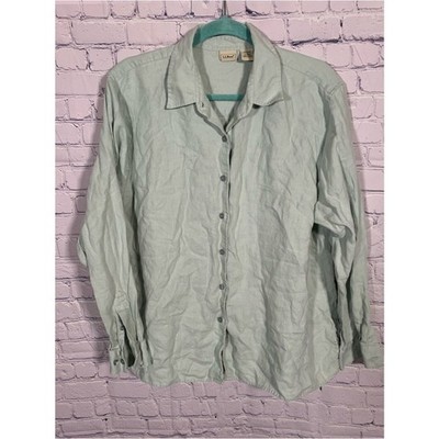 L.L.Bean Womens Linen Button Down Blue Green Size XL Casual Business Lightweight