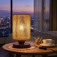 Stepless Dimming Boho Small Table Lamp,Vintage Wicker Wooden Nightstand Bambo...
