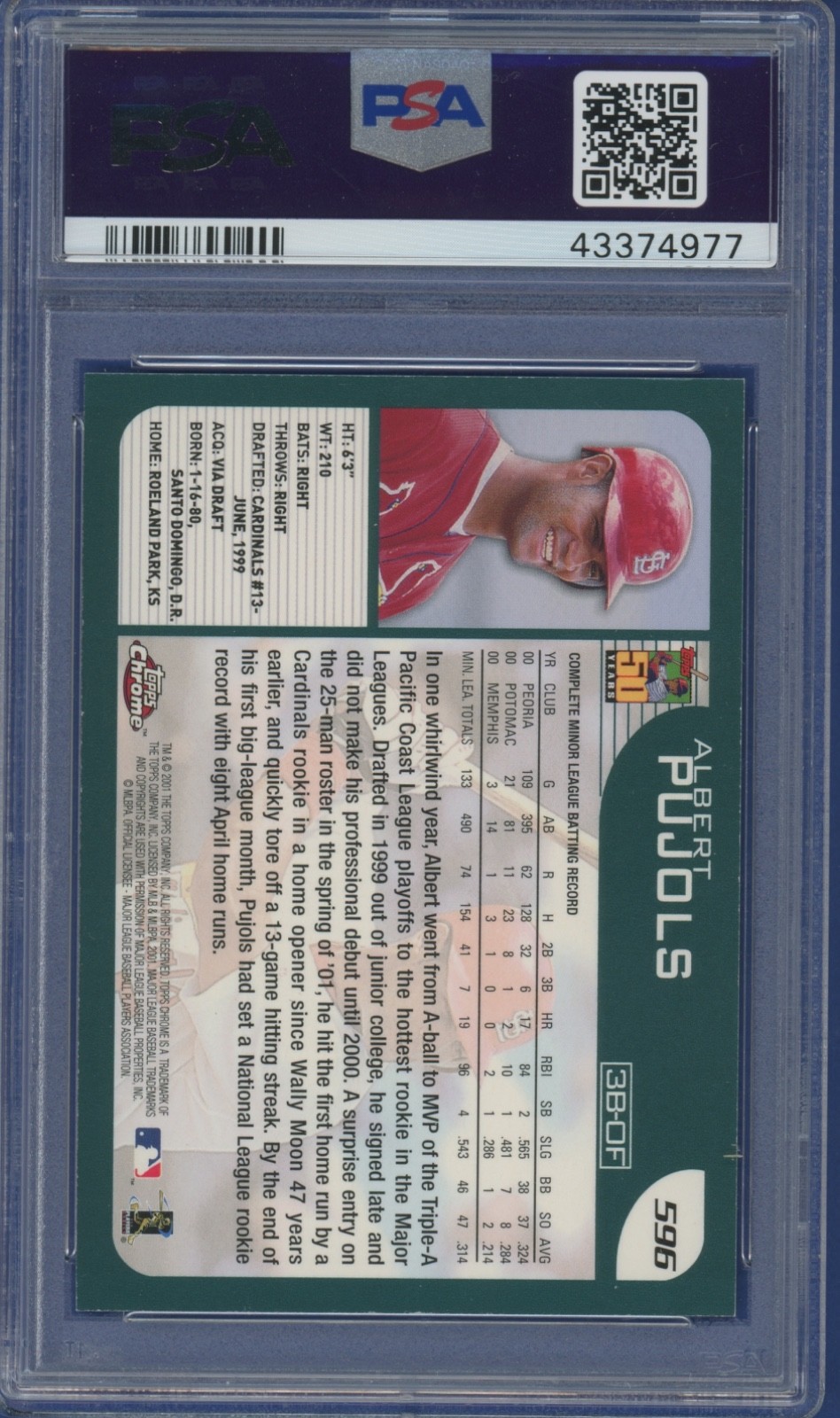 2001 Topps Chrome #596 Albert Pujols PSA 9 Cardinals RC view 2