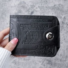 Black Mens US " 100" Dollar Bill Printed Leather Bifold Wallet Card Holder Purse