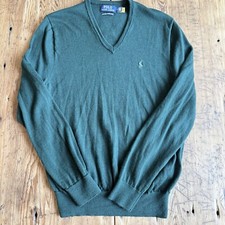 Polo Ralph Lauren Sweater Mens Med Green V-Neck Washable Merino Wool Preppy Knit