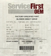 SEALED SERVICE FIRST OEM MOT18979 DIRECT DRIVE BLOWER MOTOR 1/2 HP 277 VAC