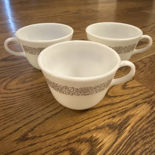 Pyrex Coffee Mugs Tea Cups Milk Glass Woodland, Set of 3, Vintage