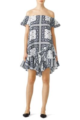 CINQ a SEPT White Navy Blue Bandana Print Off Shoulder Ruffle Cocktail Dress 10