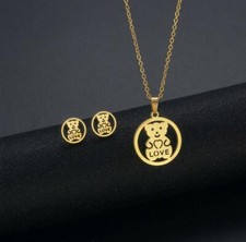 Love Heart Teddy Bear Gold S.Steel Titanium Jewelry Set: Necklace  Earrings