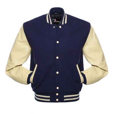 【完売品】Camphor wood varsity jacket Navy NavyBlue Wool Real Leather Sleeves Cream Letterman Varsity Bomber