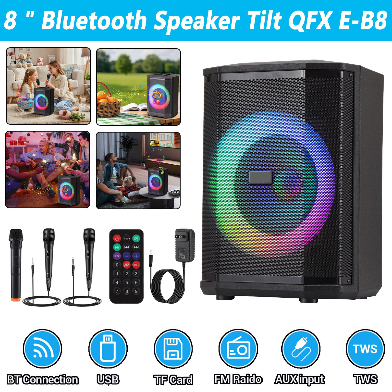 8-Inch Portable Tiltable Bluetooth Subwoofer with Heavy Bass & 3 Mic Inputs