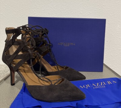Aquazzura Belgravia Smoke Suede Ankle Strap Lace Pump Size 38.5 NEW $725