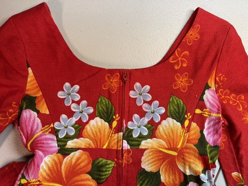 Vintage Ui Maikai Barkcloth Cotton Aloha Hibiscus Dress Hawaiian Empire Waist - Picture 8 of 9