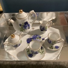 Vtg Baum Brothers Porcelain Miniature Tea Set Blue Victorian Rose Collection