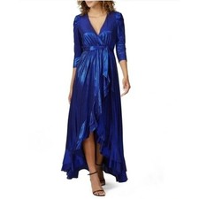 Retrofete Flora Maxi Wrap Dress XS Royal Blue Metallic Flaw No Belt