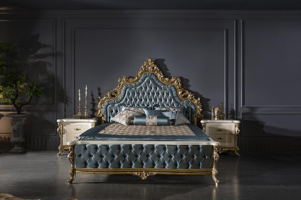 Klassisches Chesterfield Bett Schlafzimmer Set Blau 2X Nachttische Gold 3Tlg.-image
