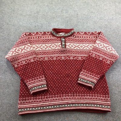 L.L. Bean Sweater Womens L Red Fair Isle Wool Blend Henley Mock Neck Pullover