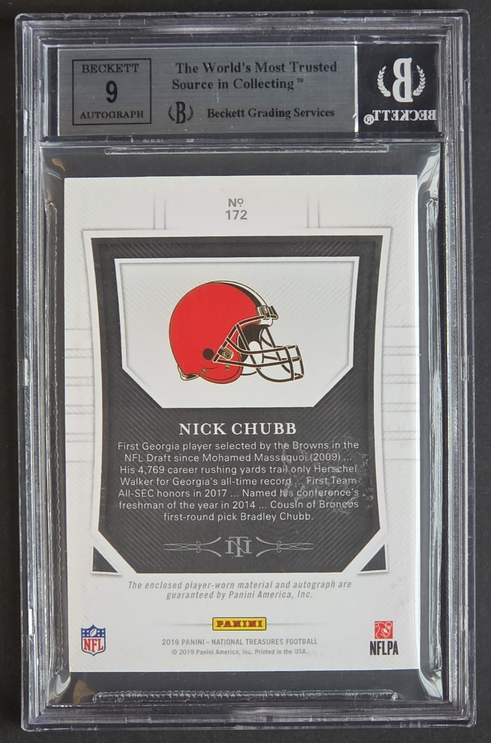 2018 National Treasures RPA Midnight #172 Nick Chubb Patch Auto /20 BGS 9 Mint view 3