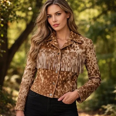 Women's Boho Western Hair-On Genuine Leather Fringe Cowgirl Jacket Moto Style
