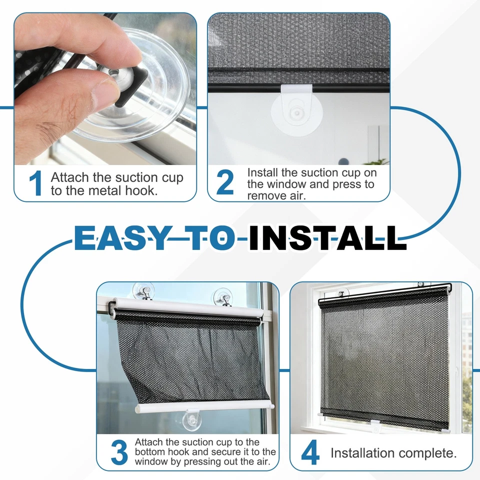 4pcs 18"x 16" Retractable Roller Sunshade with Suction Cups for Cars, Black - Imagem 4 de 4