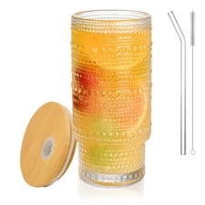 16OZ Glass Coffee Cups with Lid and Straw Vintage Embossed Glassware for Whiskey
