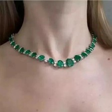 14CT Oval Cut Lab Created Emerald Women's Tennis Necklace 14K White Gold Finish