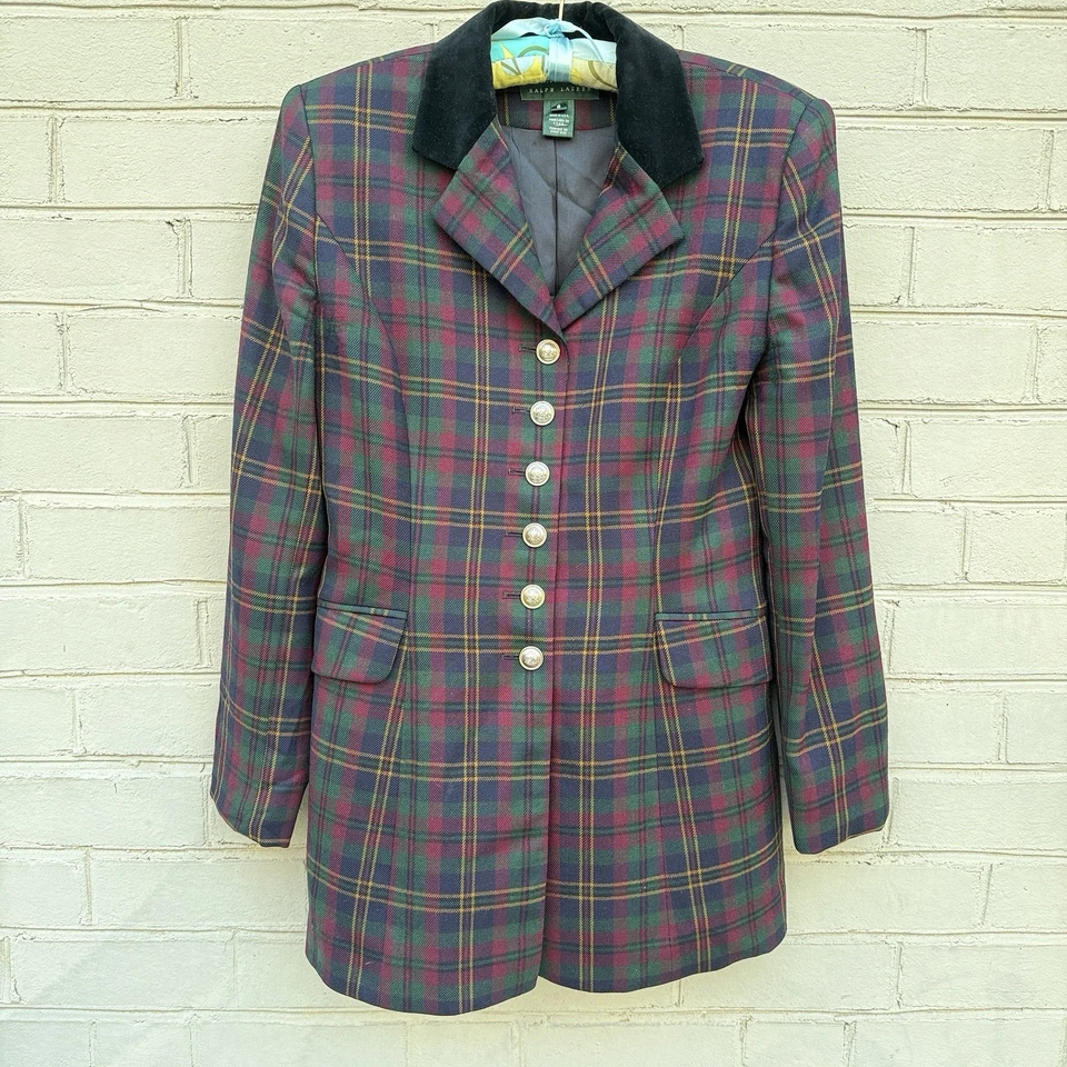 VTG Ralph Lauren Wool Equestrian Riding Jacket Blazer Velvet Collar Plaid Sz 6 - Image 2 of 4