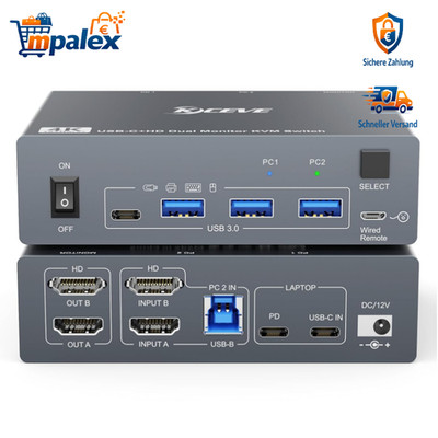 USB-C HDMI KVM Switch 2 PC 2 Monitore 4K@60Hz Dual Monitor Laptop Desktop