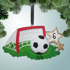 Personalized Soccer Ball in Front of Goal Christmas Ornament