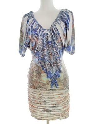 QED LONDON Damen Elegantes Kleid Gr. M Blau Kurzer Ärmel Knielang V-Ausschnitt
