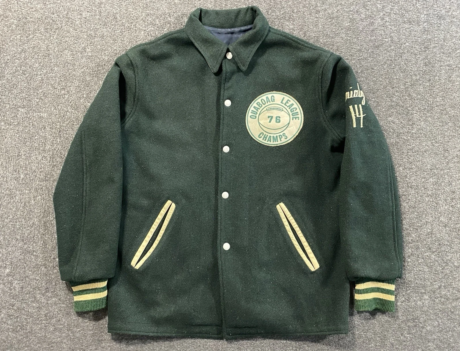 Vintage 70s Varsity Jacket Mens Small Green Wool Preppy Quaboag League Champs image 1