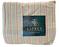 VTG RALPH LAUREN Jitney Stripe Queen Flat Sheet Sage / Pink Ticking NIP SEALED