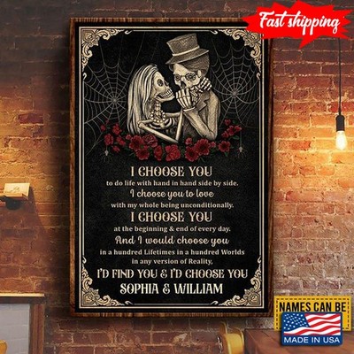 Black Theme Customized Name Skeleton Couple With Spiderwebs &amp Roses Around...