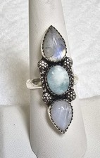 Sterling Silver Moonstone And Larimar Statment Ring Size 7.5 Southwestern Style