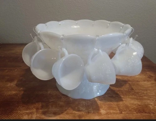 Vintage Anchor Hocking Milk Glass Punch Bowl Set 9 Cups, Bowl, Stand