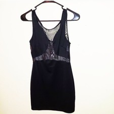 black mesh sleeveless bodycon dress with sheer panel and scoop neck