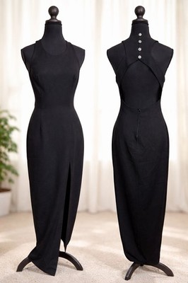 Vintage Roberta Black Sz M Sleeveless Fitted Dress w Rhinestone Button Cutout